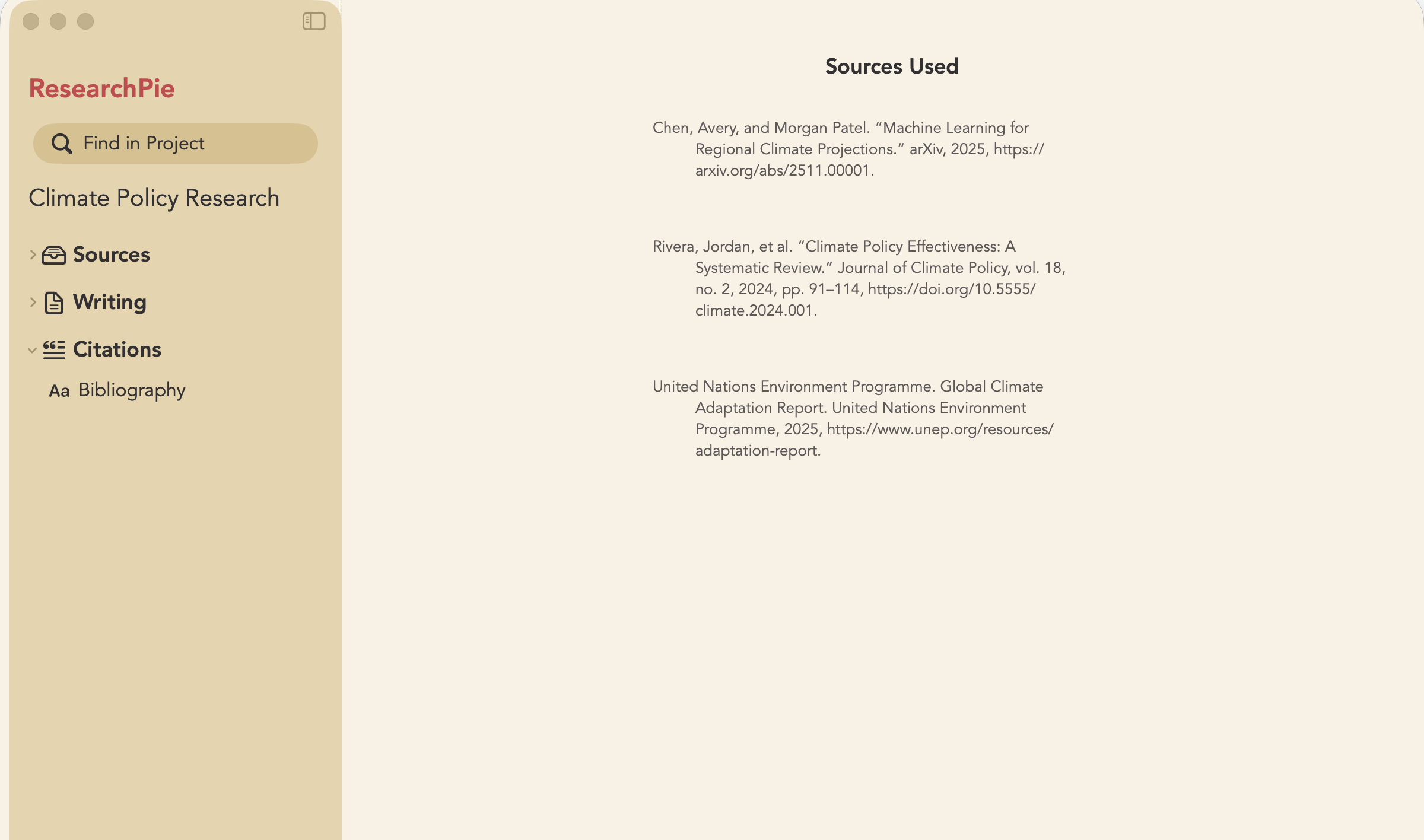 The MLA bibliography generated from the paper's ResearchPie sources.