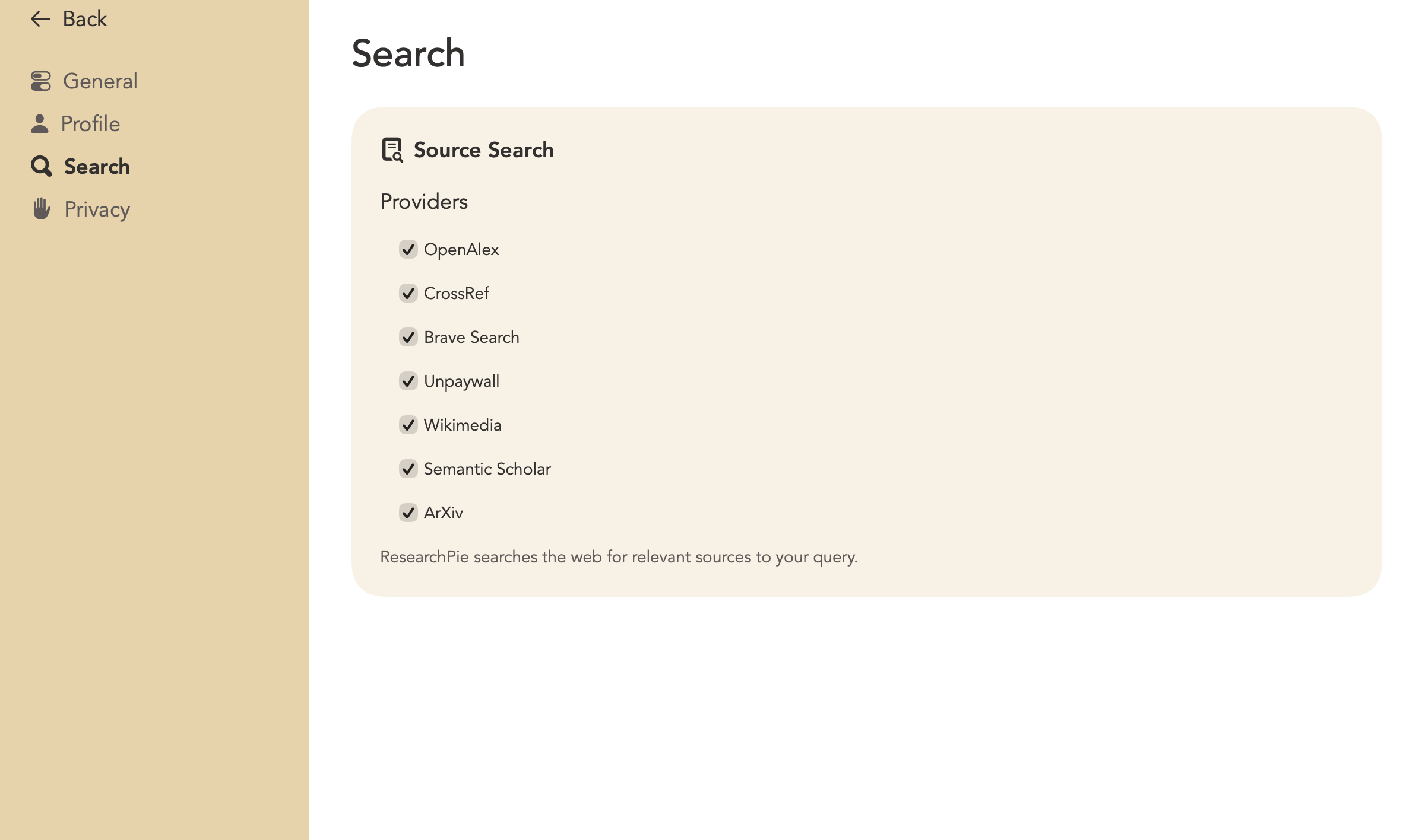 ResearchPie source-search settings with OpenAlex, Crossref, Brave Search, Unpaywall, Wikimedia, Semantic Scholar, and arXiv enabled.